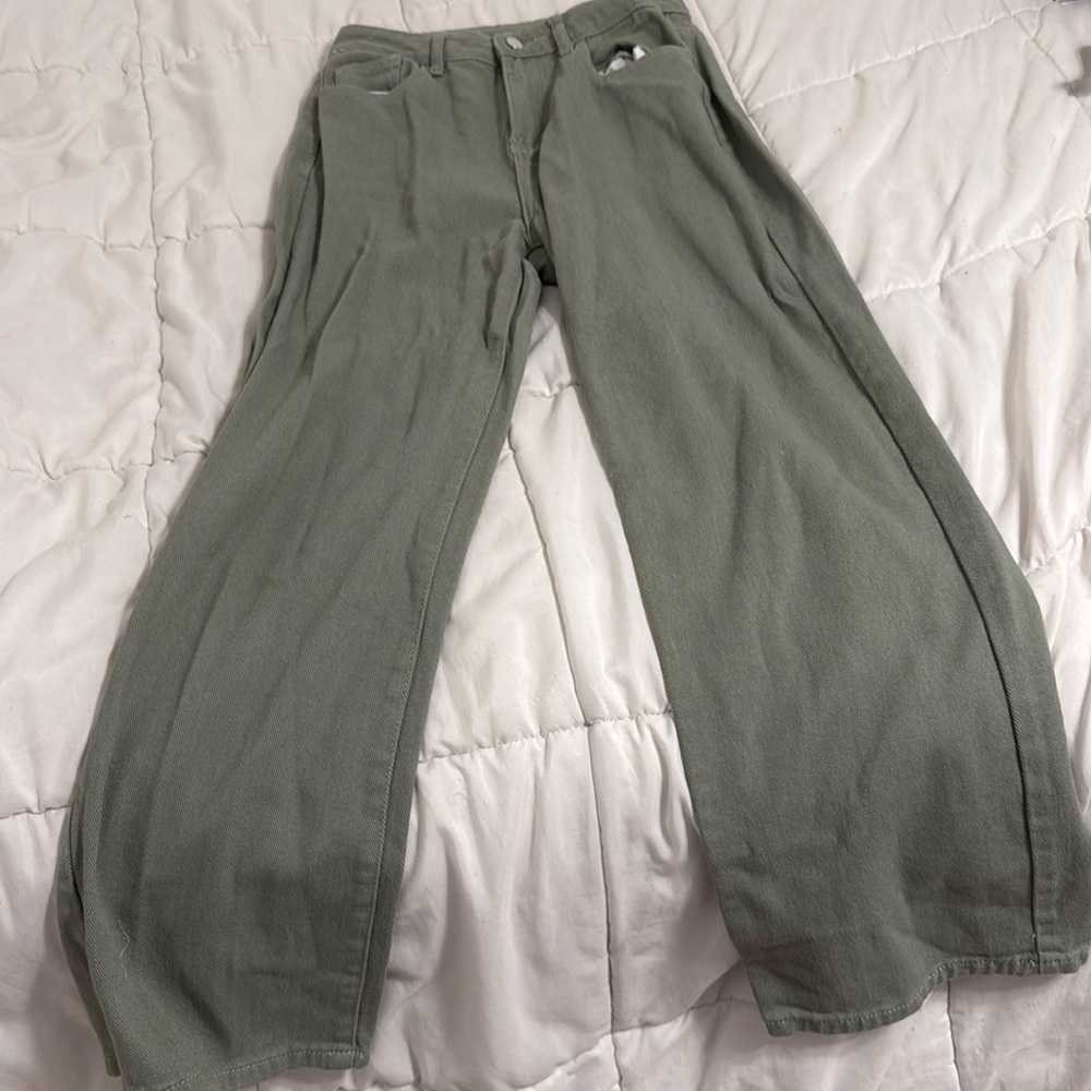 Green high rise flare jeans.